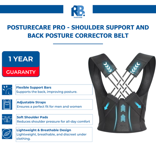 RadianB® PostureCare Pro - Shoulder Support and Back Posture Corrector Belt